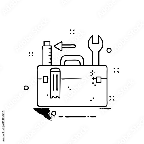 Vector art of handyman toolbox with tools repair kit with wrench, arrow, and measuring tape for maintenance