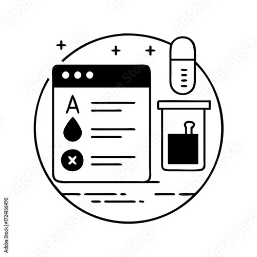 Illustration of medical test results, including blood type, urine sample, and medication
