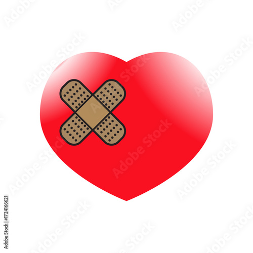 Red heart with adhesive bandage on white background. Vector illustration.