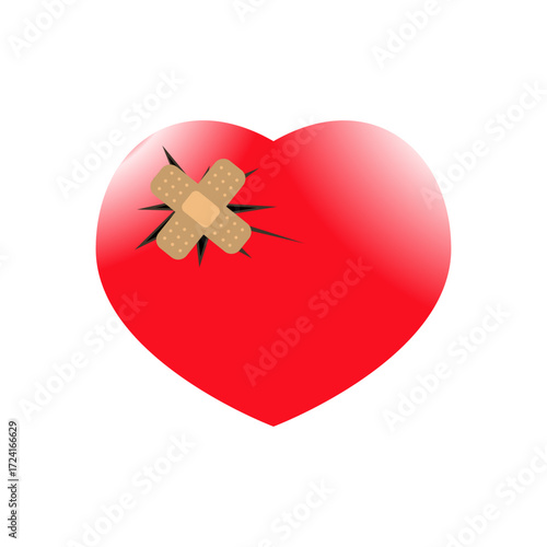 Red broken heart with adhesive bandage on white background. Vector illustration.