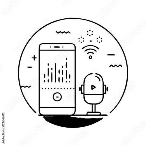 Vector art of podcast recording studio with microphone and smartphone modern line art icon