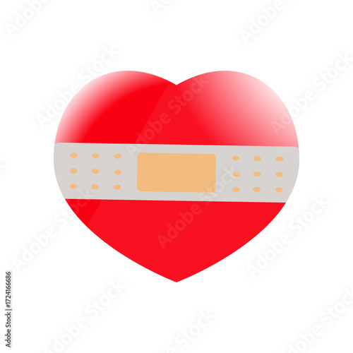 Red heart with bandage on the white background. Vector illustration.