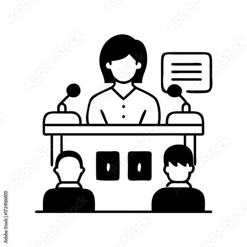 Vector art of press conference with speaker and journalists media event and announcement