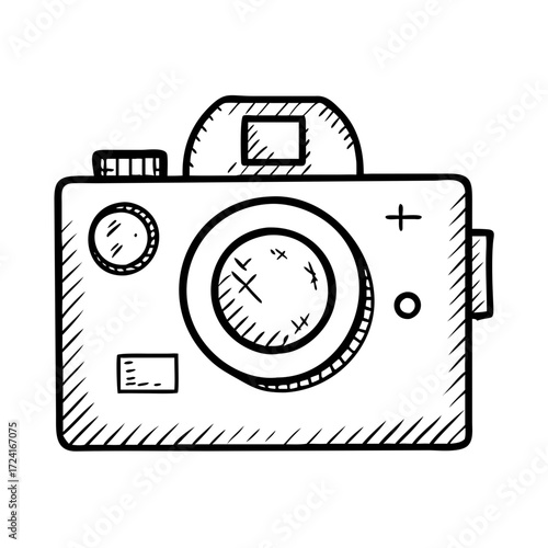 Vector art of camera icon, representing photography, equipment, and capturing moments in doodle style