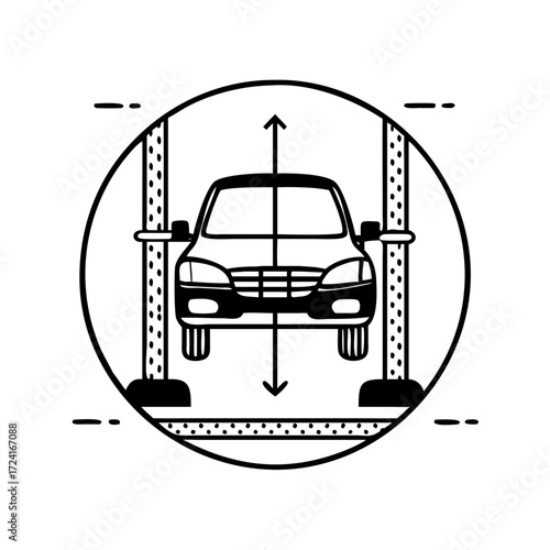 Vector art of car lift, showcasing automotive maintenance, repair, and vehicle inspection process