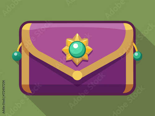 Elegant purple clutch with golden trim and emerald gem. Cartoon vector illustration
