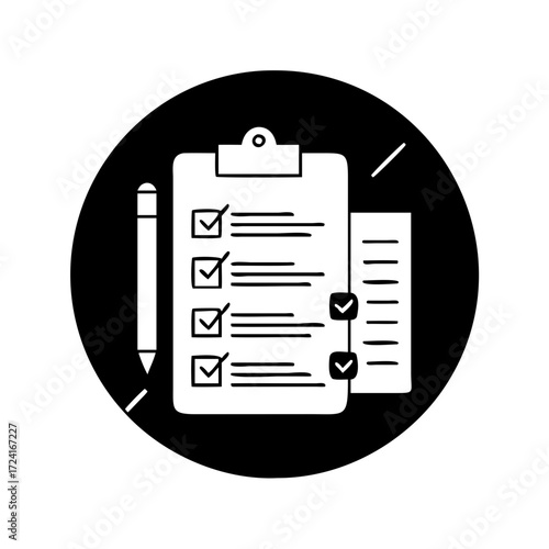 Vector art of checklist icon in black circle, a symbol of tasks completed
