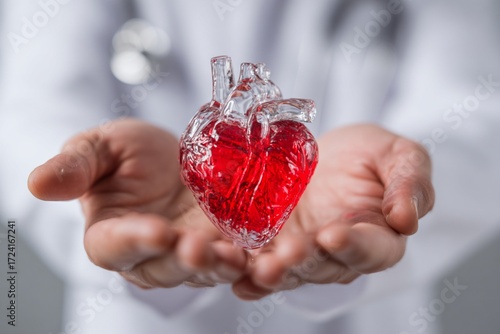 A closeup of a woman's hand holding a glass of red wine and a red heart symbolizing love and celebration