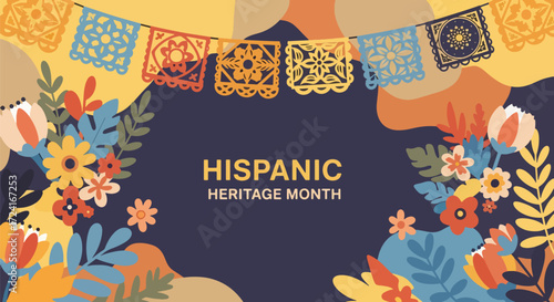 Minimalist vector illustration of National Hispanic Heritage Month with papel picado banners, floral elements, and festive decorations symbolizing Latin culture, tradition, and community celebration