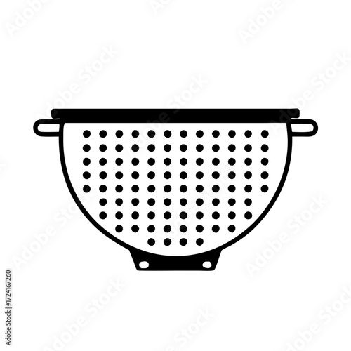 Illustration of a black colander with holes, for cooking and straining food
