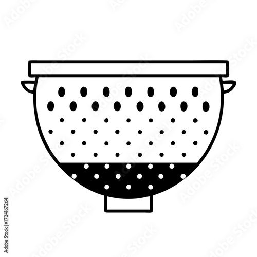 Illustration of a black colander with holes and liquid, for cooking and straining