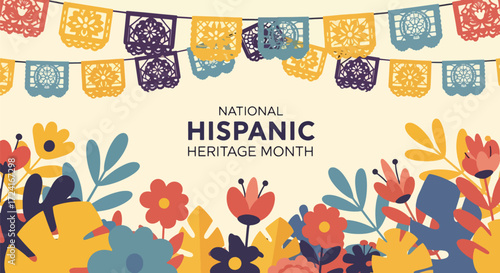 Minimalist vector illustration of National Hispanic Heritage Month with papel picado banners, floral elements, and festive decorations symbolizing Latin culture, tradition, and community celebration