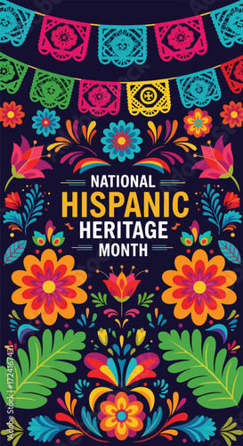 Colorful vector illustration of National Hispanic Heritage Month with papel picado banners, floral patterns, and festive decorations celebrating Latin culture, tradition, community pride, diversity