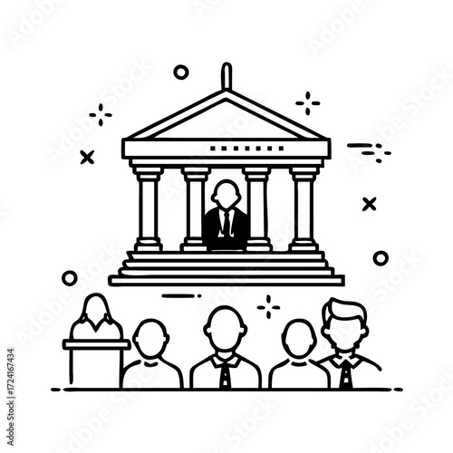 Vector art of courthouse with people, symbolizing justice, law, and legal proceedings in a court