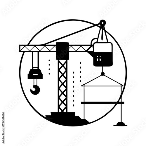 Vector art of construction crane lifting a building module vector linear illustration
