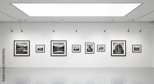 Monochromatic art gallery exhibition showcasing framed landscape paintings on a white wall