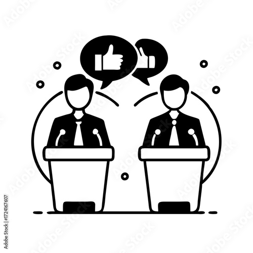 Vector art of political debate with two candidates giving speeches and sharing opinions and perspectives