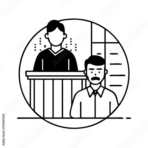 Illustration of a witness coughing in court, a man with a mustache is present