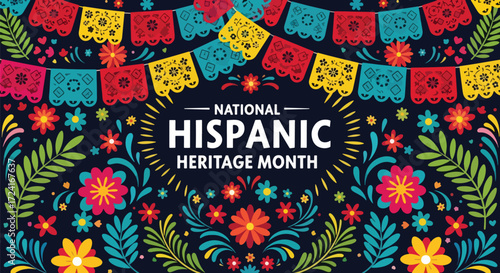 Colorful vector illustration of National Hispanic Heritage Month with papel picado banners, floral decorations, and festive patterns celebrating Latin culture, tradition, and community pride