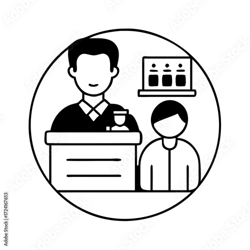 Illustration of a man at a podium in court, a person sits nearby