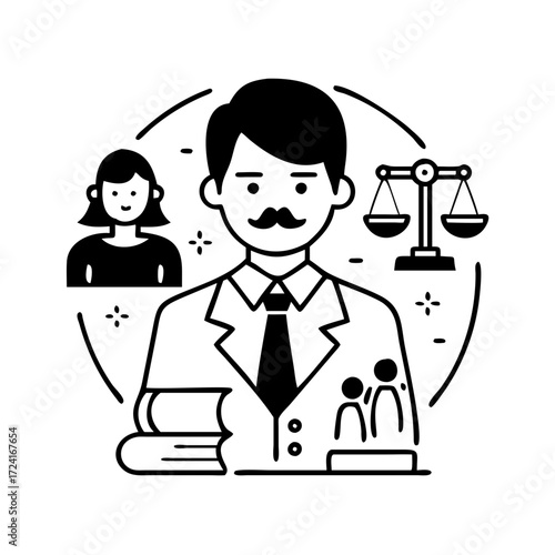 Illustration of a lawyer with scales of justice, a woman is in the background