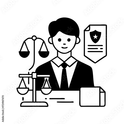 Vector art of lawyer with scales of justice and legal documents represents legal profession