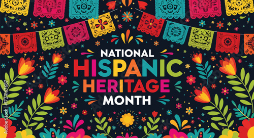 Colorful vector illustration of National Hispanic Heritage Month with papel picado banners, floral decorations, and festive patterns celebrating Latin culture, tradition, and community pride