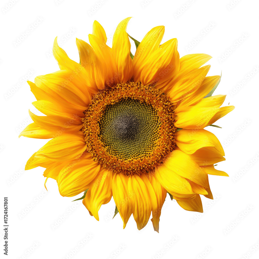 Fototapeta premium A vibrant, single sunflower with bright yellow petals and a dark brown center, isolated on a transparent background. background removed