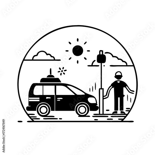 Vector art of a selfdriving car with a person charging it, representing autonomous vehicle