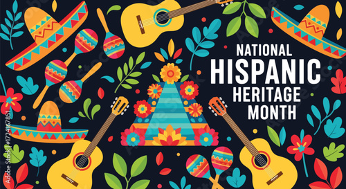 Colorful vector illustration of National Hispanic Heritage Month with guitars, sombreros, maracas, and an ancient pyramid, celebrating Latin culture, music, history, and tradition in a festive design