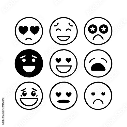 Vector art of collection of diverse emoji icons showcasing a range of emotions