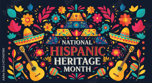 Colorful vector illustration of National Hispanic Heritage Month with guitars, sombreros, maracas, and an ancient pyramid, celebrating Latin culture, music, history, and tradition in a festive design