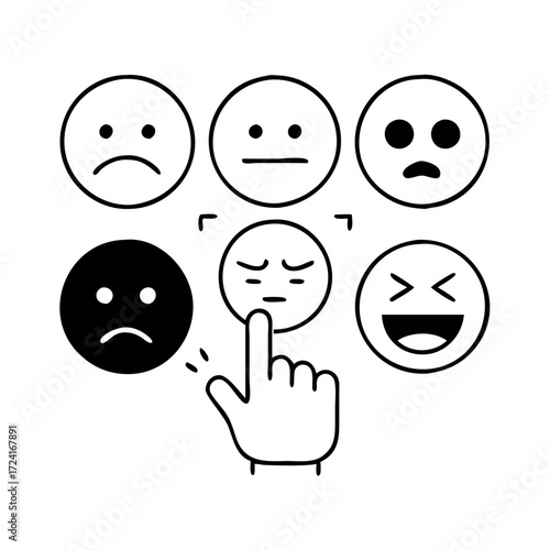 Vector art of hand selecting an emoji from a group of different faces expressing various emotions