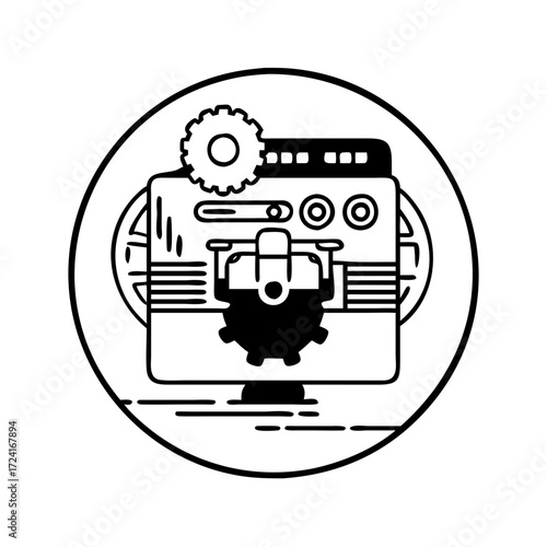 Illustration of a computer screen with a gear and a drone