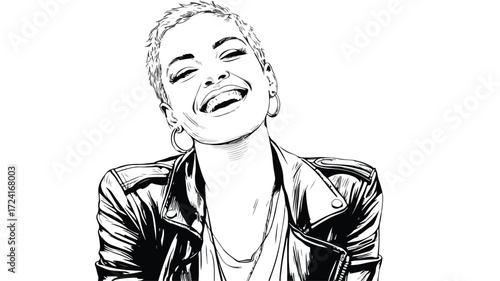 Elegant Lesbian Woman Smiling in Leather Jacket - Positive Emotions
