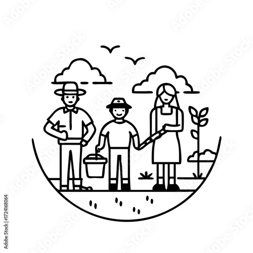Vector art of family of three farmers standing in a field with clouds and birds