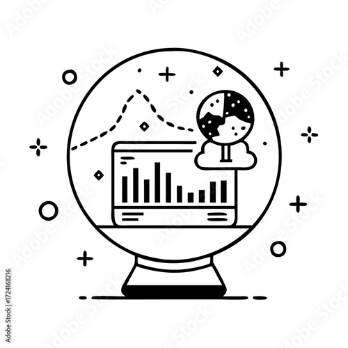 Vector art of crystal ball predicting global market trends data analysis and forecasting