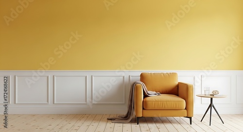 Cozy Yellow Armchair with Blanket and Side Table orange furniture