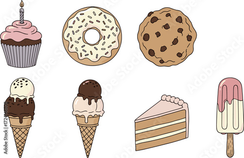 Hand drawn assortment of sweet desserts and treats