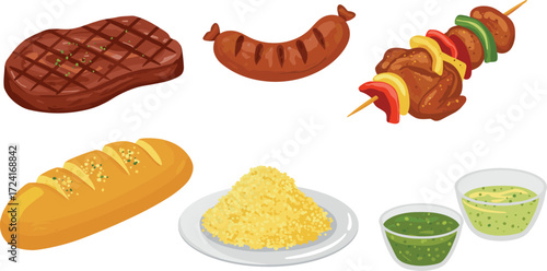 Assorted grilled food with bread and dips