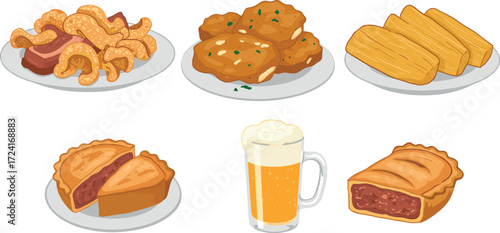 Selection of savory foods and a beer