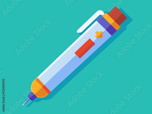 Auto injector device for emergency medicine. Emergency epipen. Cartoon vector illustration