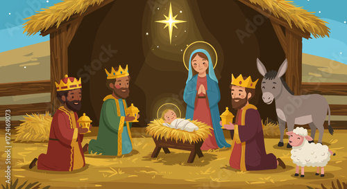 Nativity scene with baby jesus, mary, three kings, and animals
