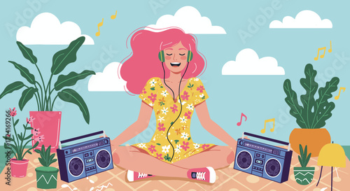 Woman with pink hair listening to music outdoors