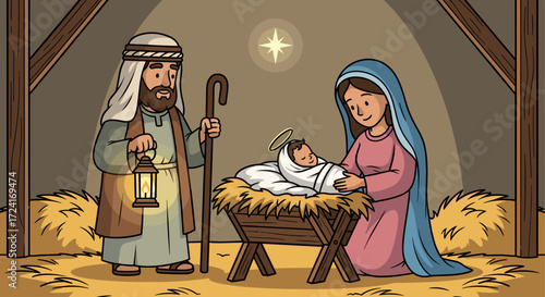 Nativity scene of baby jesus with mary and joseph in a stable