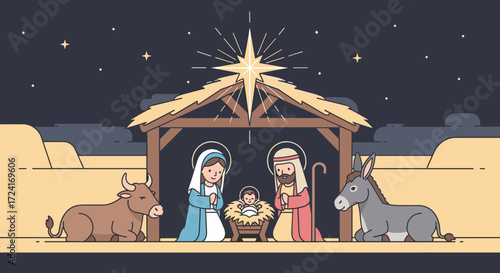 Nativity scene with mary joseph jesus donkey and ox under starry sky