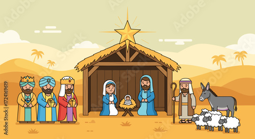 Nativity scene with wise men donkey and sheep