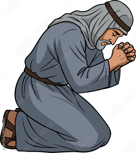 Man in traditional robes kneeling in prayer