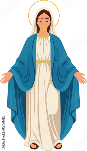 Woman dressed as virgin mary in blue robe and white dress