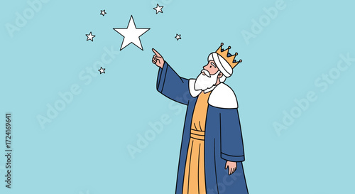 Wise king in royal robes reaching for a guiding star